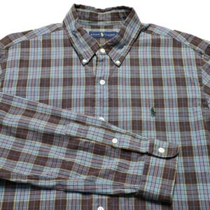 Rare Polo Ralph Lauren Plaid Oxford Shirt Button Down‎ Mens L Green Pony